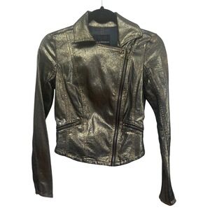 ROCK‎ & REPUBLIC Metallic Gold Moto Jacket Womens XS Biker Faux Leather Zip Up